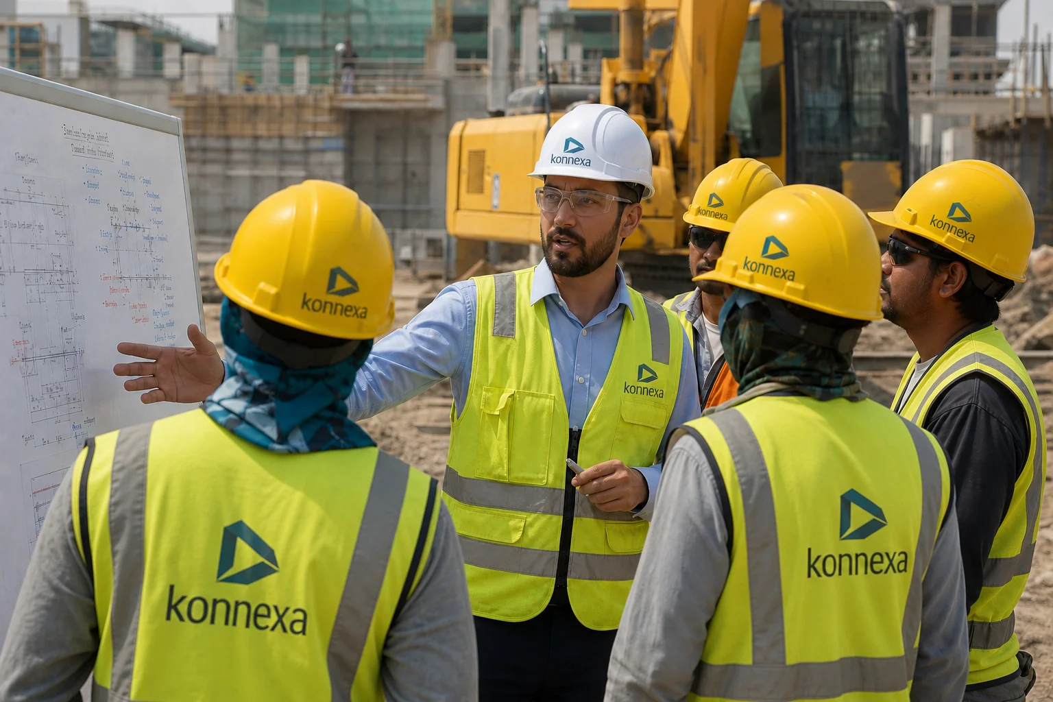 Konnexa site team reviewing blueprints beside a crane